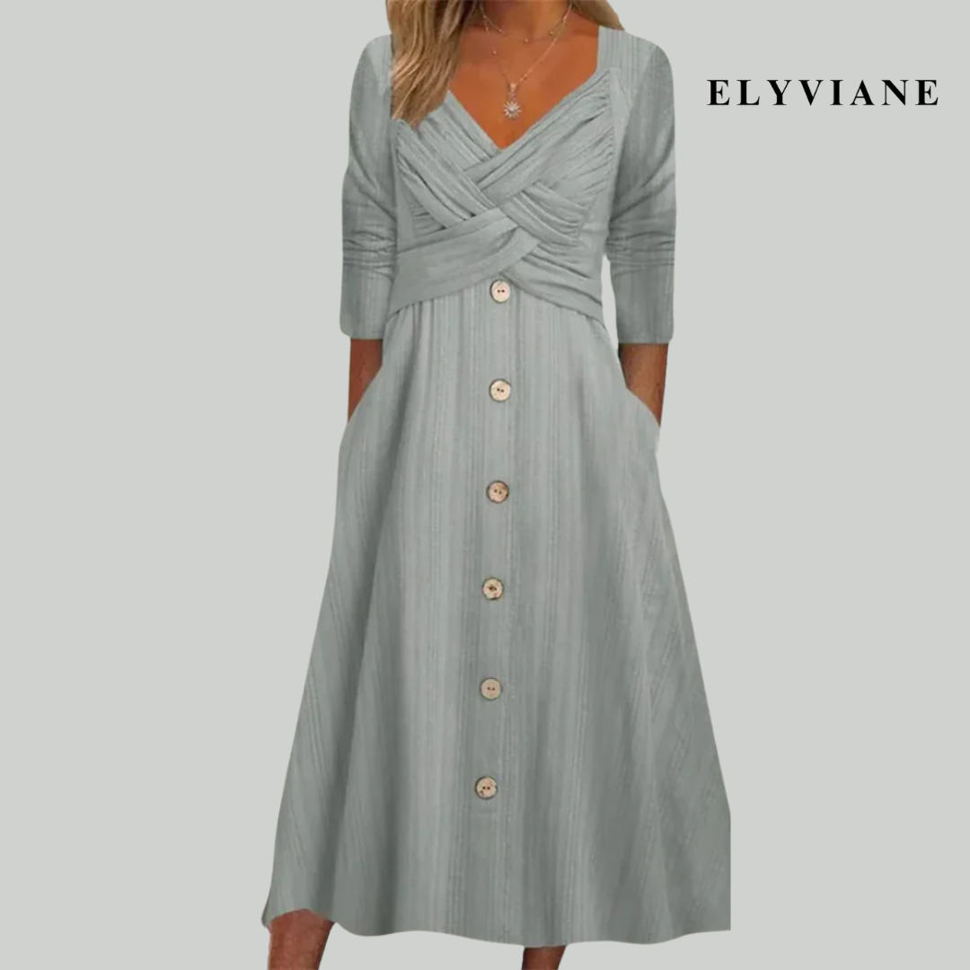Elena – Elegancka i Modelująca Sukienka z Guzikami i Krzyżowymi Detalami